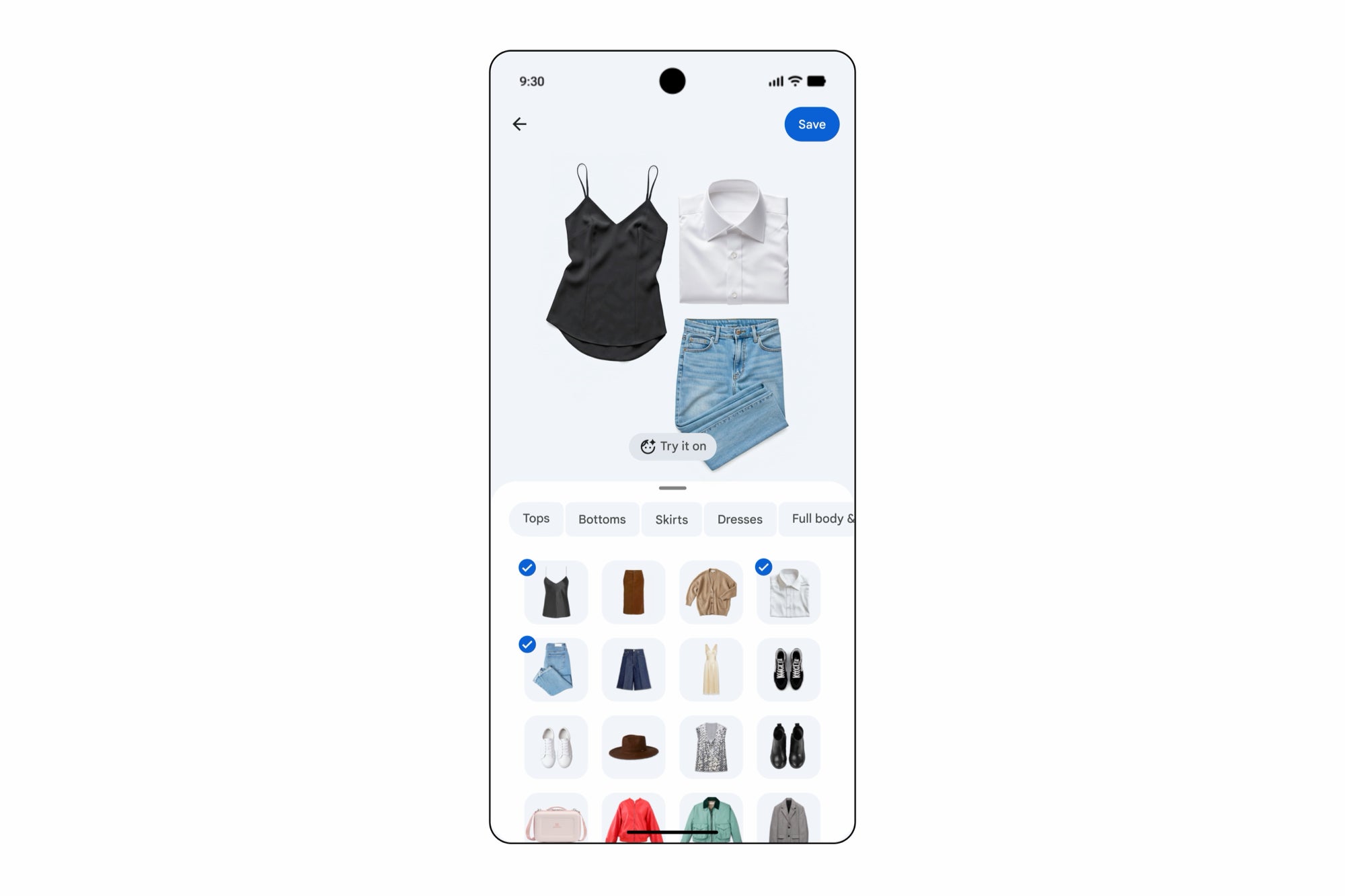 Google Photos digital wardrobe screen showing a selected outfit of a black top, white shirt, and jeans with a &amp;quot;Try it on&amp;quot; button and a grid of saved clothing items below.