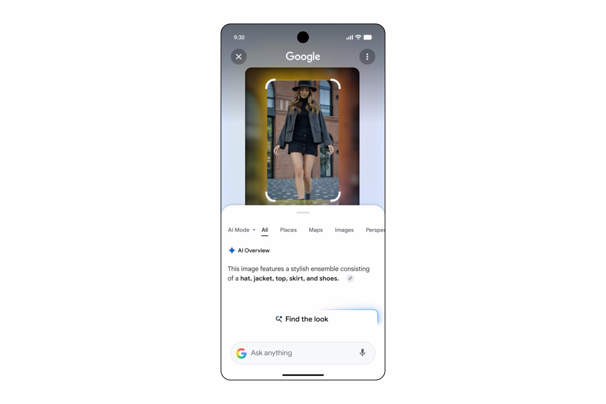 Google Search screen using Circle to Search on a photo of a woman in a hat, jacket, top, skirt, and boots, with a &amp;quot;Find the look&amp;quot; button identifying each piece.