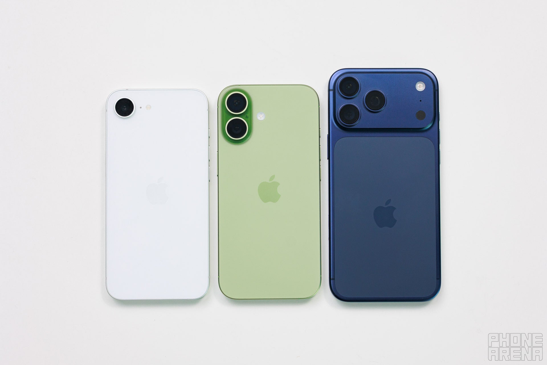 iPhone 17e, iPhone 17, iPhone 17 Pro Max. | Image by PhoneArena - iPhone 17e Size Guide: Is a 6.1-inch phone big enough in 2026?