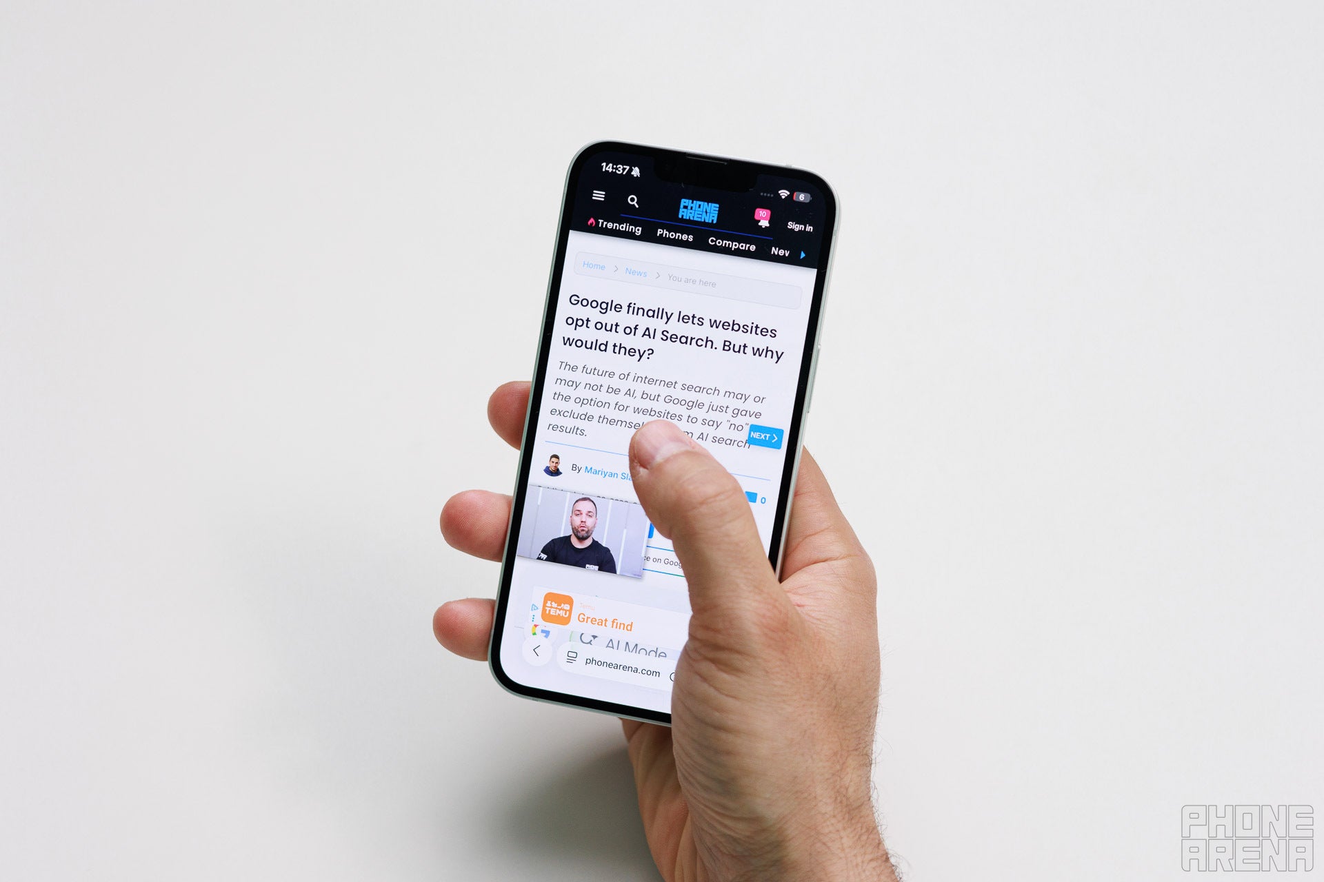 Thumb reach on the iPhone 17e. | Image by PhoneArena - iPhone 17e Size Guide: Is a 6.1-inch phone big enough in 2026?