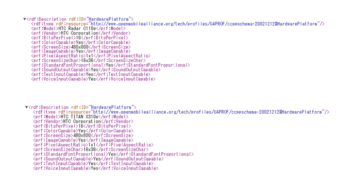The User Agent Profiles for the HTC Radar (top) and the HTC Titan (bottom) - User Agent Profiles reveal new names for the HTC Omega and HTC Eternity