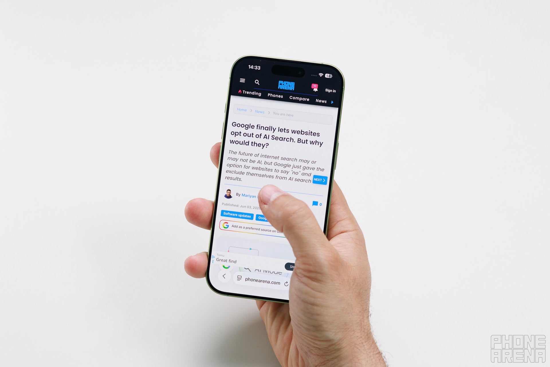 Thumb reach on the iPhone 17. | Image by PhoneArena - iPhone 17e Size Guide: Is a 6.1-inch phone big enough in 2026?