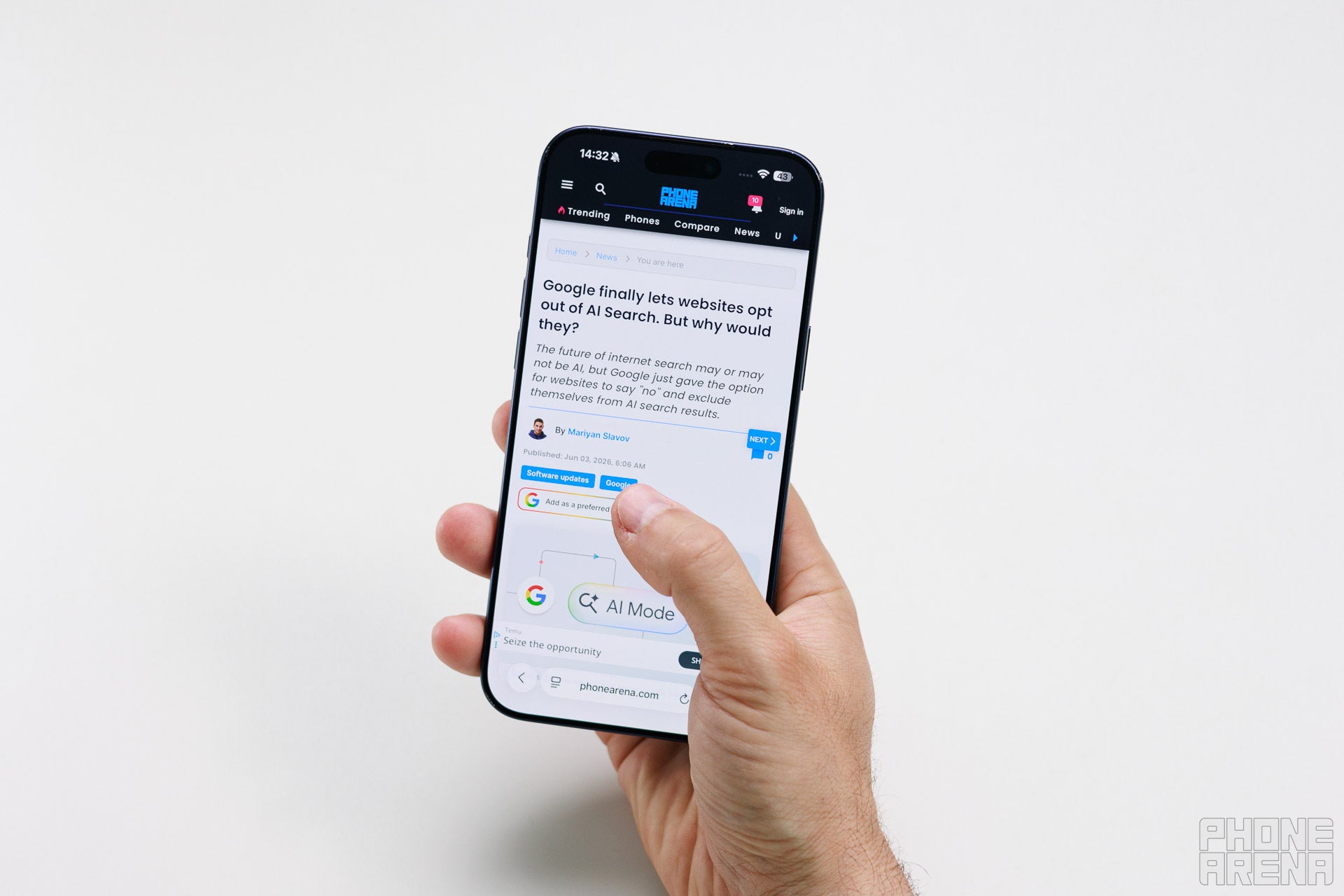 Thumb reach on the iPhone 17 Pro Max. | Image by PhoneArena - iPhone Air Size Guide: A close-up look at Apple's most radical design