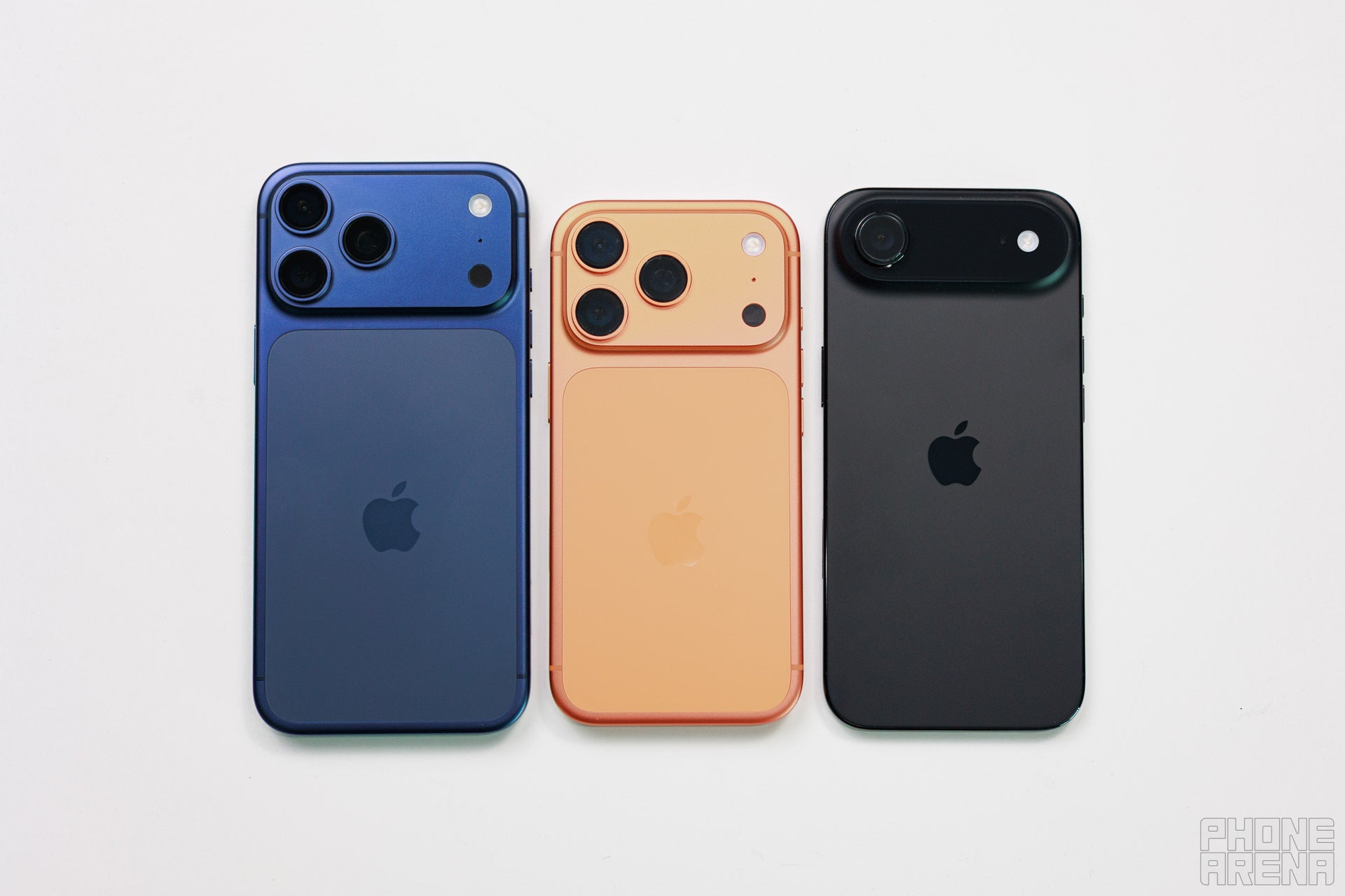 The iPhone 17 Pro Max, the iPhone 17 Pro, the iPhone Air. | Image by PhoneArena - iPhone 17 Pro Max Size Guide: Can your pockets handle the massive 6.9-Inch display?