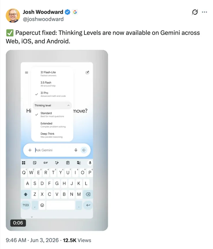 Josh Woodward, VP of Gemini at Google on X. | Image by X - Gemini&rsquo;s new thinking modes are now free for everyone