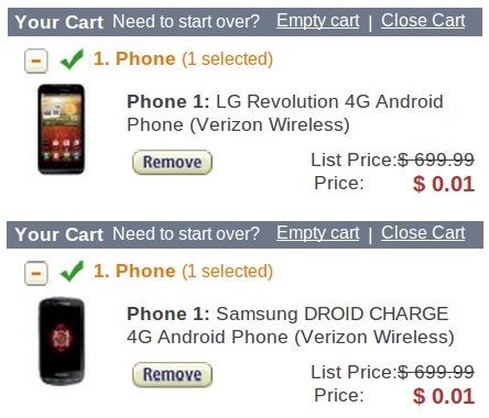 Samsung Droid Charge and LG Revolution drop down to $0.01 courtesy of Amazon