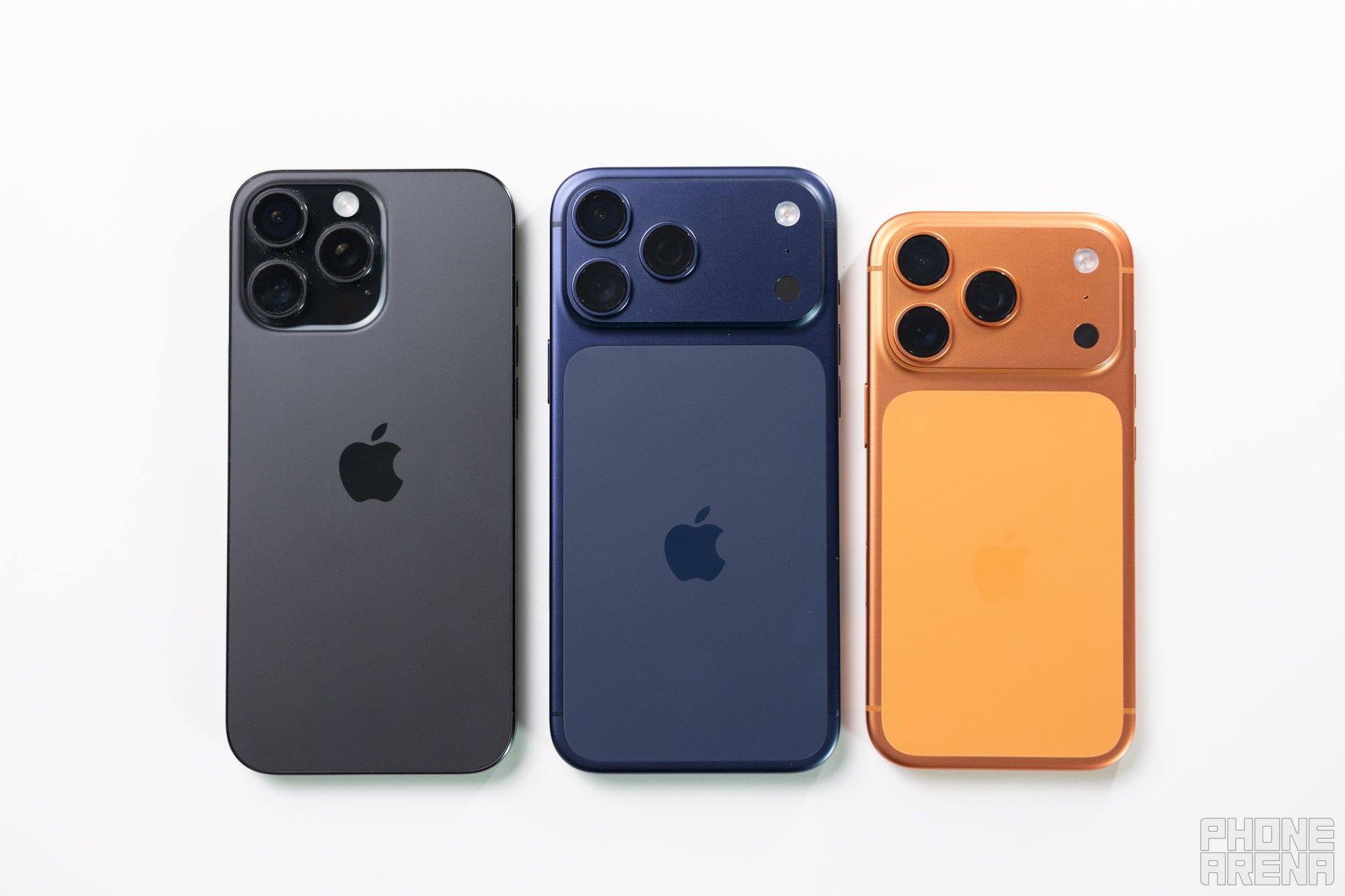 iPhone 16 Pro Max, iPhone 17 Pro Max, iPhone 17 Pro. | Image by PhoneArena - iPhone 16 Pro Max Size Guide: How does it compare to the iPhone 17 Pro Max with its camera plateau?
