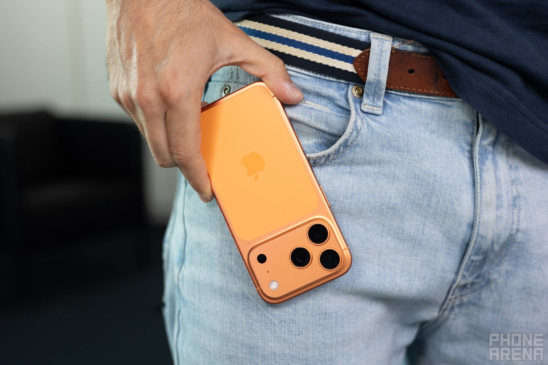 iPhone 17 Pro and pockets. | Image by PhoneArena - iPhone 16 Pro Max Size Guide: How does it compare to the iPhone 17 Pro Max with its camera plateau?