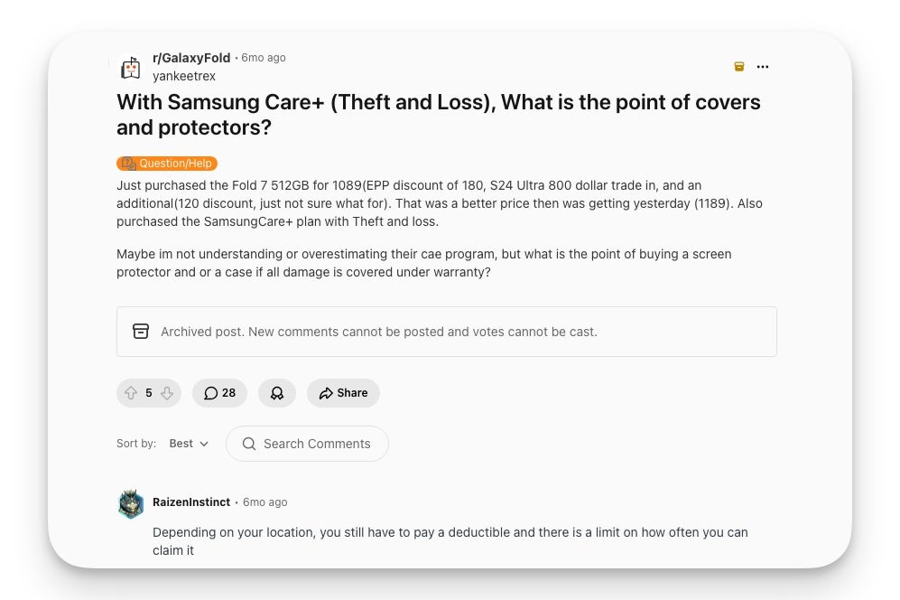 Reddit post on r/GalaxyFold asking what the point of cases and protectors is with Samsung Care+ Theft and Loss, with a reply noting deductibles and claim limits