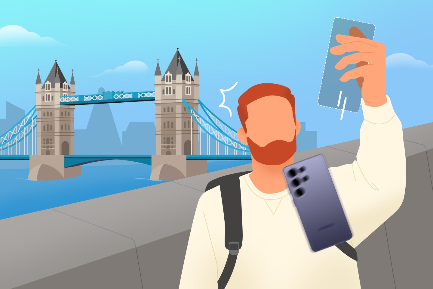 Illustration of a traveler at London&amp;#039;s Tower Bridge dropping his Galaxy phone, with a second handset shown beside him.