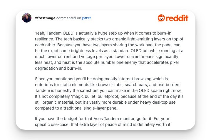 Reddit comment explaining that tandem OLED stacks two light-emitting layers to run cooler and resist burn-in better than single-layer OLED.