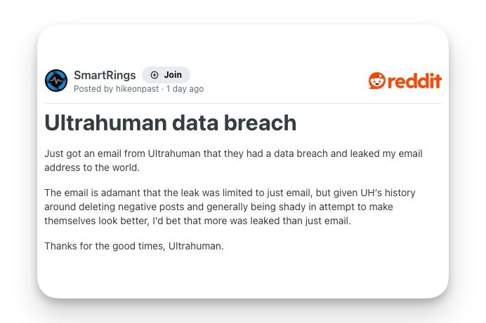 Reddit post in the SmartRings community titled &amp;quot;Ultrahuman data breach&amp;quot; describing a user&amp;#039;s reaction to the breach notification email.