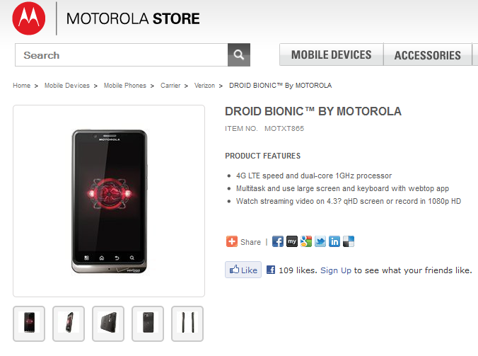 The Motorola DROID BIONIC now appears on Motorola&#039;s online store - Motorola DROID BIONIC appears on Motorola Store, still no official price or launch date