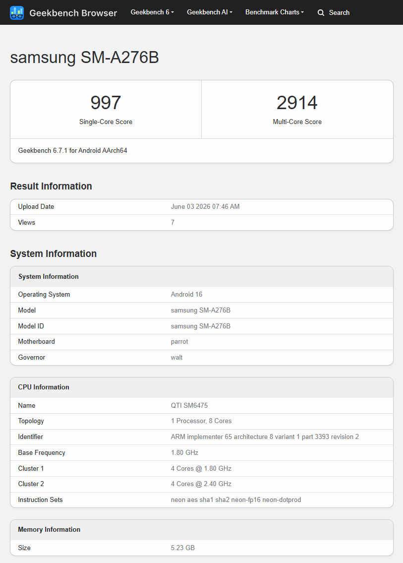 Snapdragon 6 Gen 3 all the way! | Image by Geekbench - The upcoming Galaxy A27 proves size only matters in one area