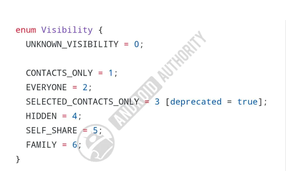 Code snippet from Google&amp;#039;s Nearby Share repository showing a visibility list that includes a new FAMILY value and a deprecated SELECTED_CONTACTS_ONLY value.