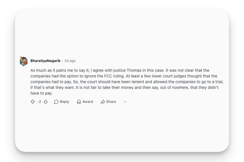A Reddit comment siding with Justice Thomas, arguing it was unfair to take the carriers&amp;#039; money before telling them they could fight the fines in court.