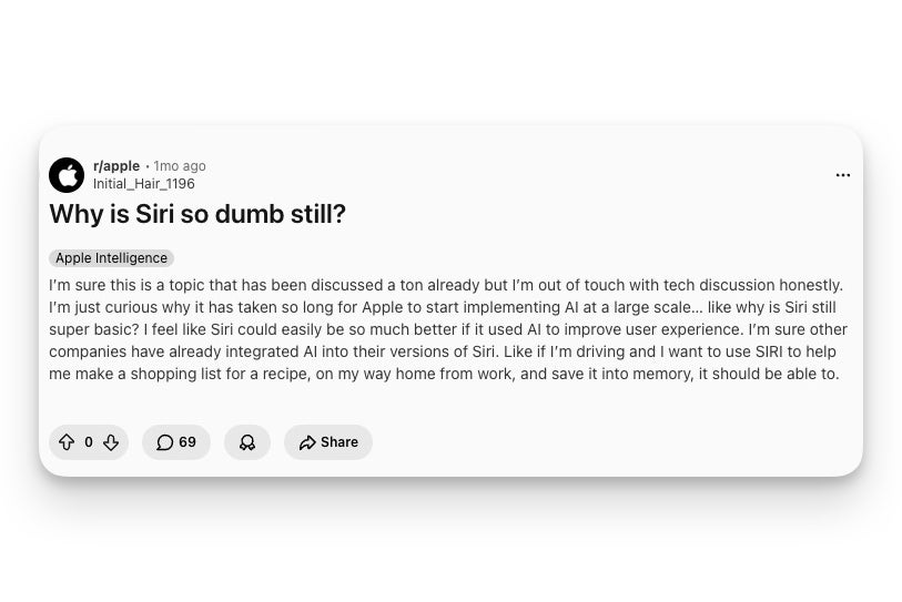 Reddit post from r/apple titled Why is Siri so dumb still asking why Apple took so long on AI.
