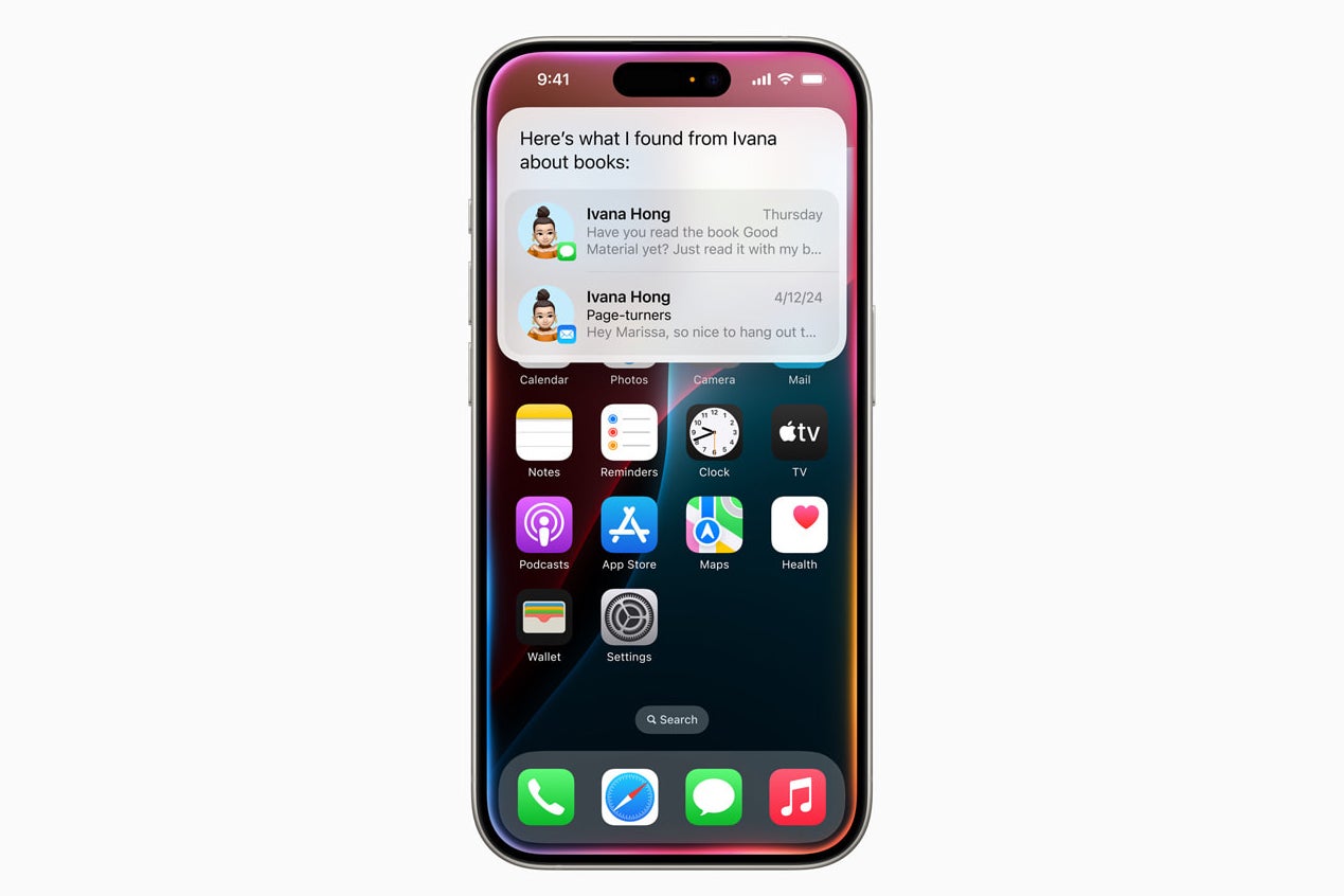 Siri on an iPhone finding book recommendations a friend sent across Messages and Mail.