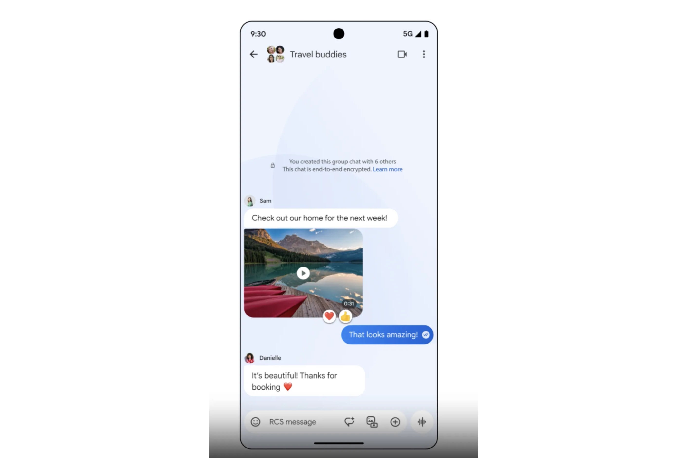 Google Messages RCS group chat on a phone showing a shared video, reactions and an end-to-end encrypted notice.