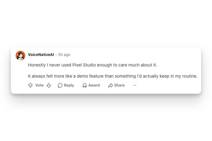 A Reddit comment from user VoiceNativeAI about not using Pixel Studio much.