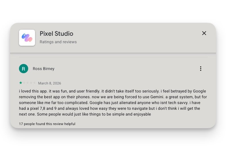 A one-star Google Play review from Ross Birney about Google removing Pixel Studio.