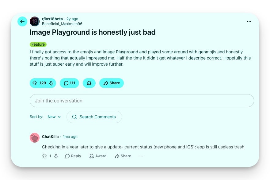 A Reddit thread titled Image Playground is honestly just bad with critical replies.