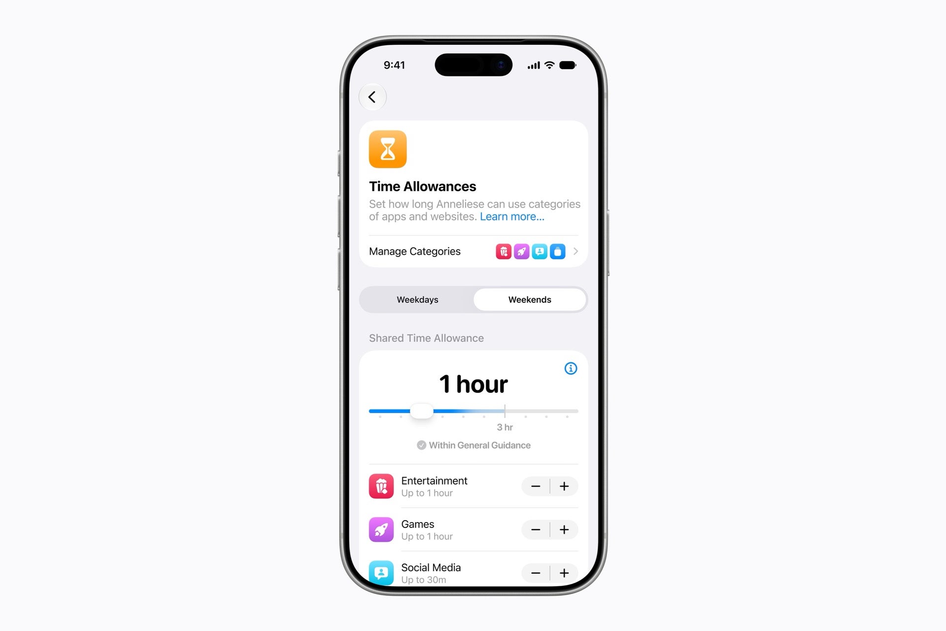 An iPhone Time Allowances screen with a slider set to one hour and per-category caps for Entertainment, Games, and Social Media.
