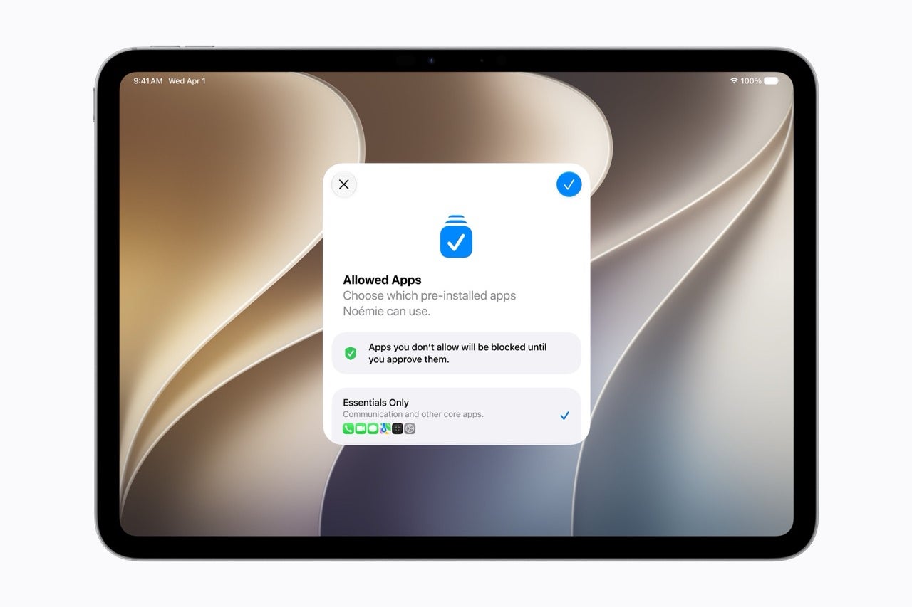 An iPad setup screen titled Allowed Apps with an Essentials Only option, letting a parent choose which pre-installed apps a child can use.