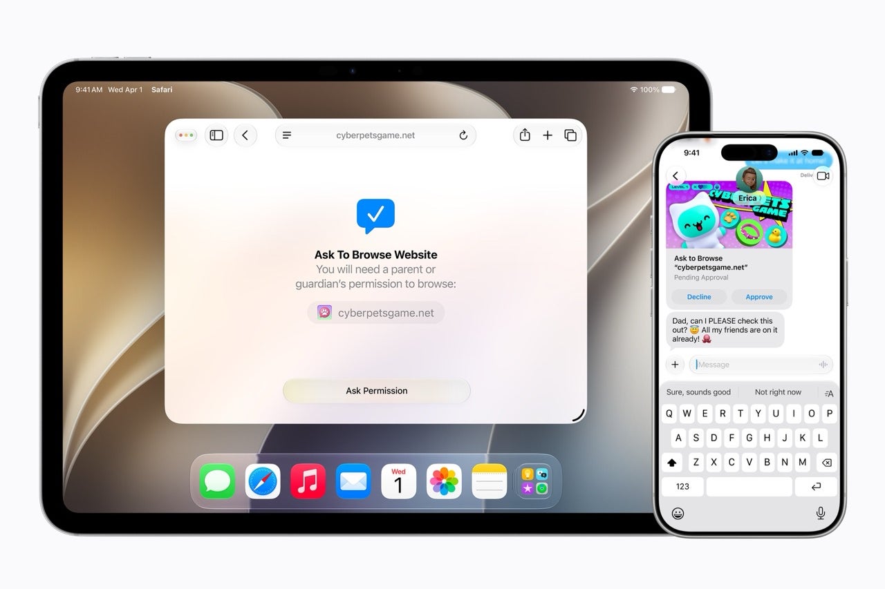 An iPad and iPhone showing the Ask to Browse prompt, where a child must request a parent&amp;#039;s permission before opening a new website in Safari.
