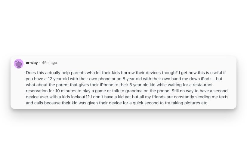 Reddit post from r/apple by user er-day questioning whether Apple&amp;#039;s new child safety features help parents who let young kids borrow their own iPhone or iPad, noting there is no second-user or kids lockout mode.
