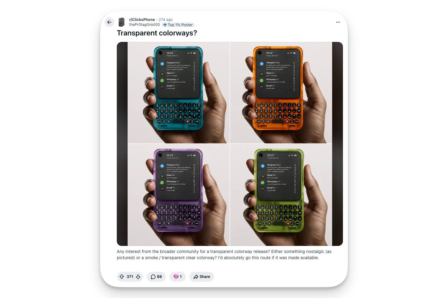 Reddit post showing the Clicks Communicator mocked up in four transparent colorways.