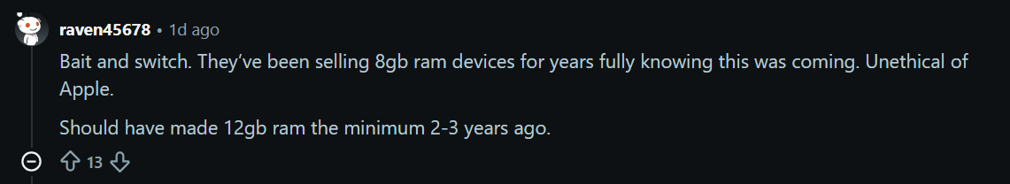 Apple always said its devices don't need as much RAM as competitors. That's backfiring now. | Image by Reddit - The base iPhone 18 is likely getting a bump in specs to become an excellent successor to the iPhone 17