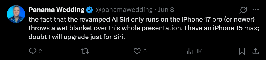 For many customers, AI isn't reason enough to upgrade their phone. | Image by X - Apple&rsquo;s new Siri AI finally catches up to competitors in a key area where it has suffered