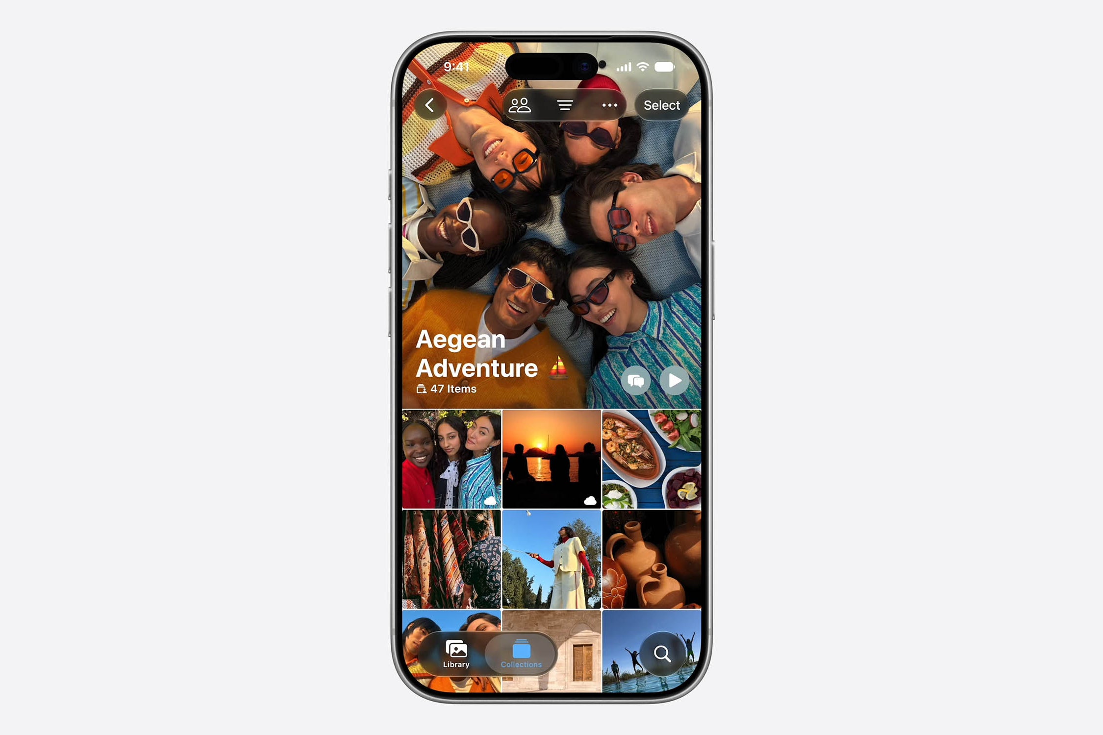 An iPhone showing a Photos album titled Aegean Adventure, illustrating iCloud Shared Albums with cross-platform, full-resolution sharing.