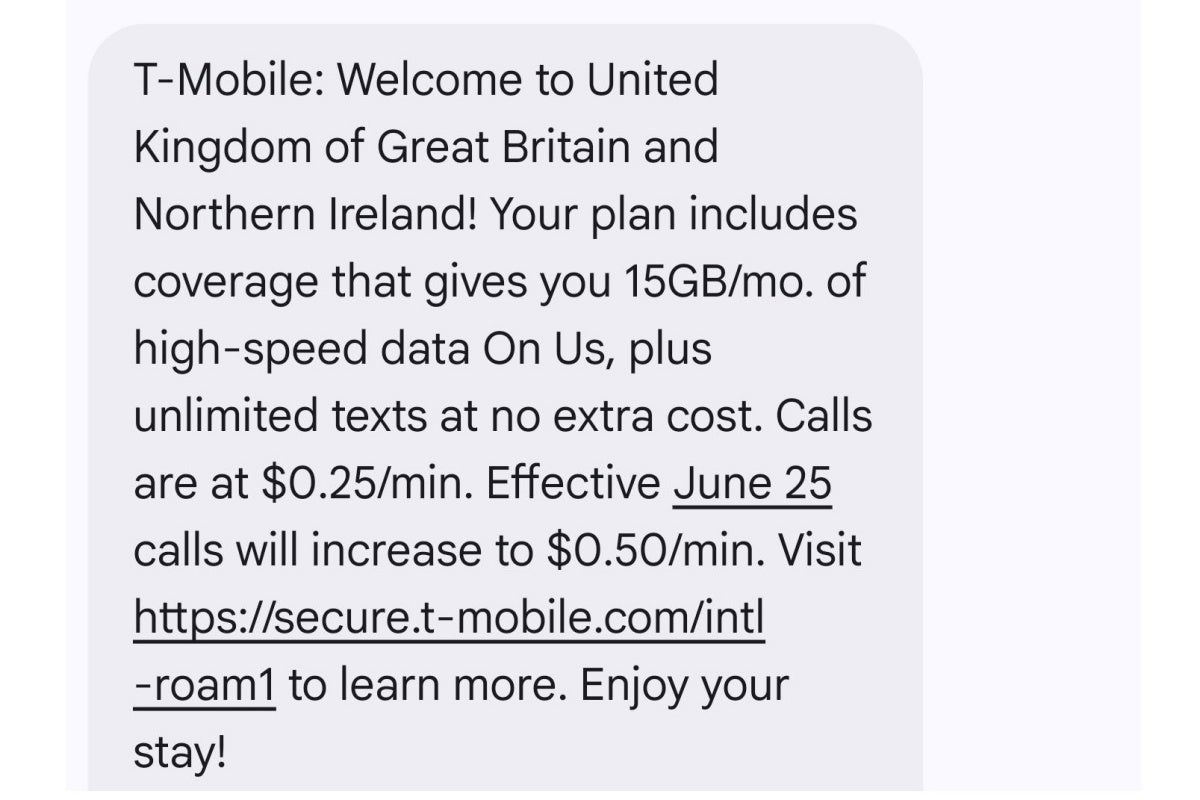 Text message confirming T-Mobile international calling price hike