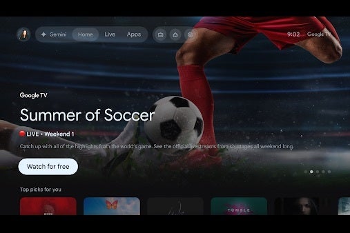 Google TV home screen showing the Summer of Soccer page with a Watch for free button