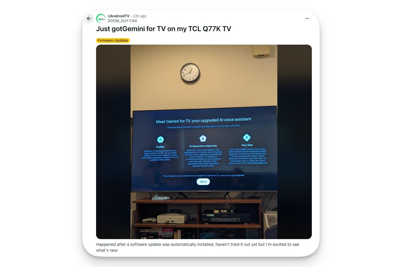 Reddit post from a TCL TV owner celebrating the arrival of Gemini for TV on their television