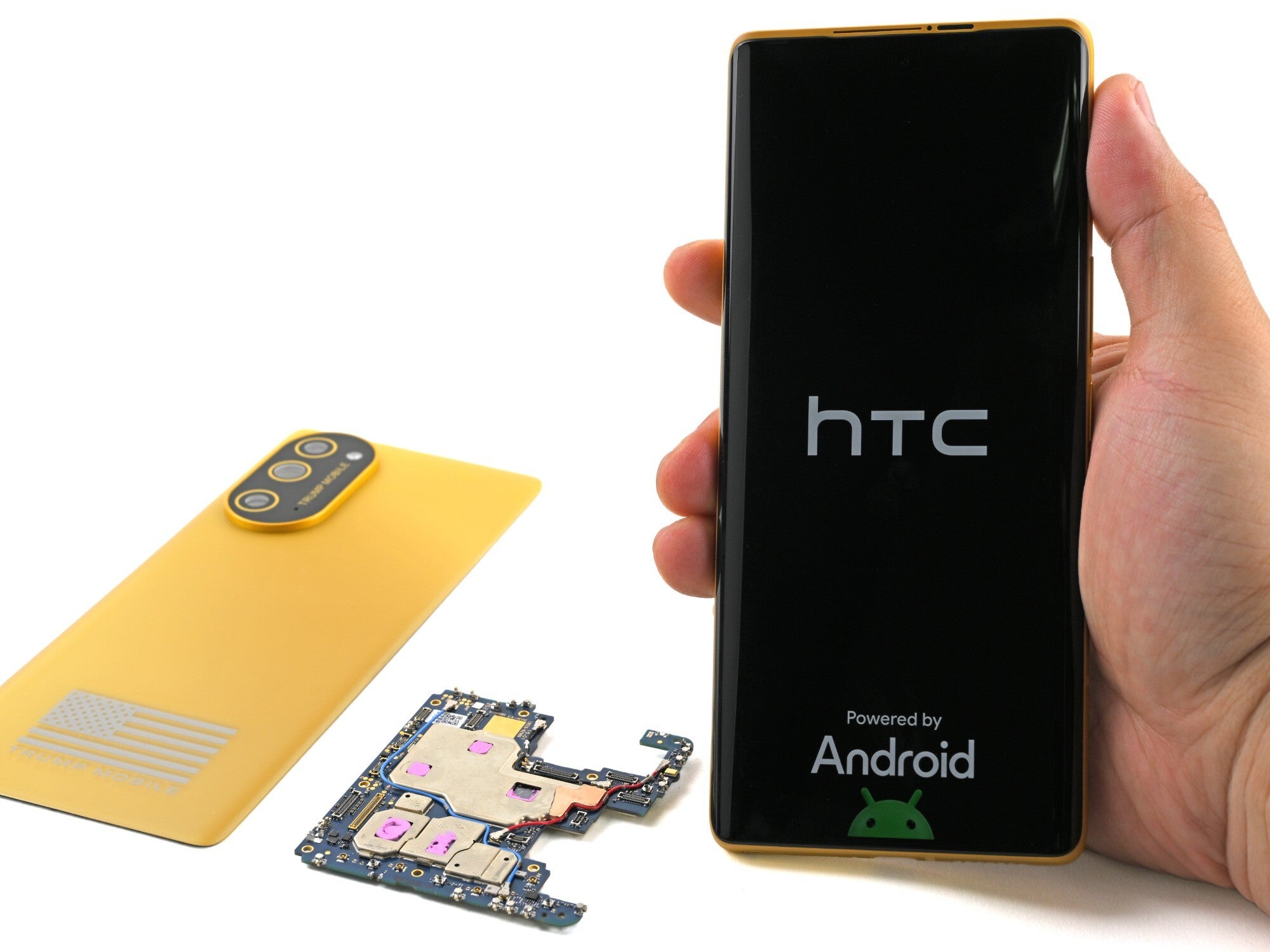 The Trump T1 Phone working with an HTC mainboard. | Image by iFixit - Trump T1 Phone is actually a copy of an old mid-range phone from a brand everyone used to love