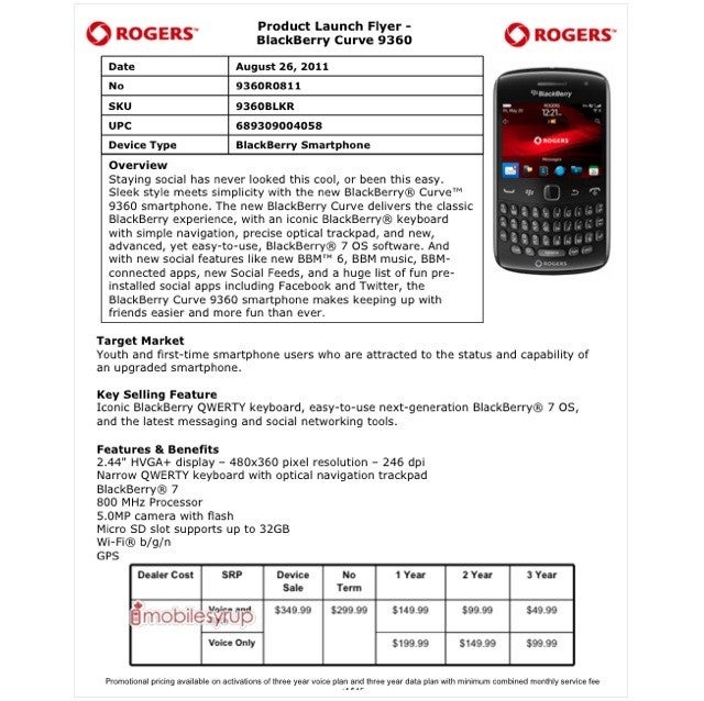 The Rogers Product Launch Flyer for the BlackBerry Curve 9360 - BlackBerry Curve 9360 pricing for Rogers confirmed
