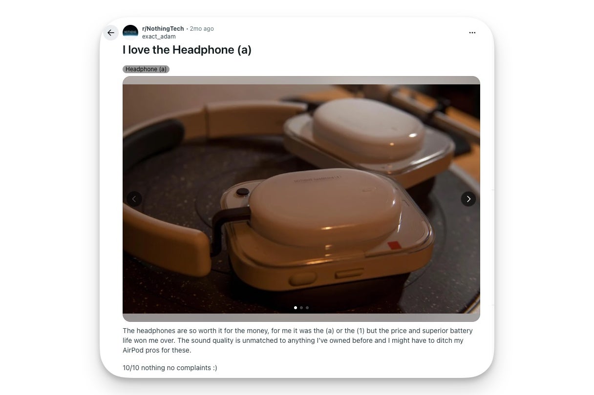 Reddit post by user exact_adam on r/NothingTech titled I love the Headphone (a), showing a photo of the yellow and white Nothing Headphone (a) and praising its price, battery life and sound quality.