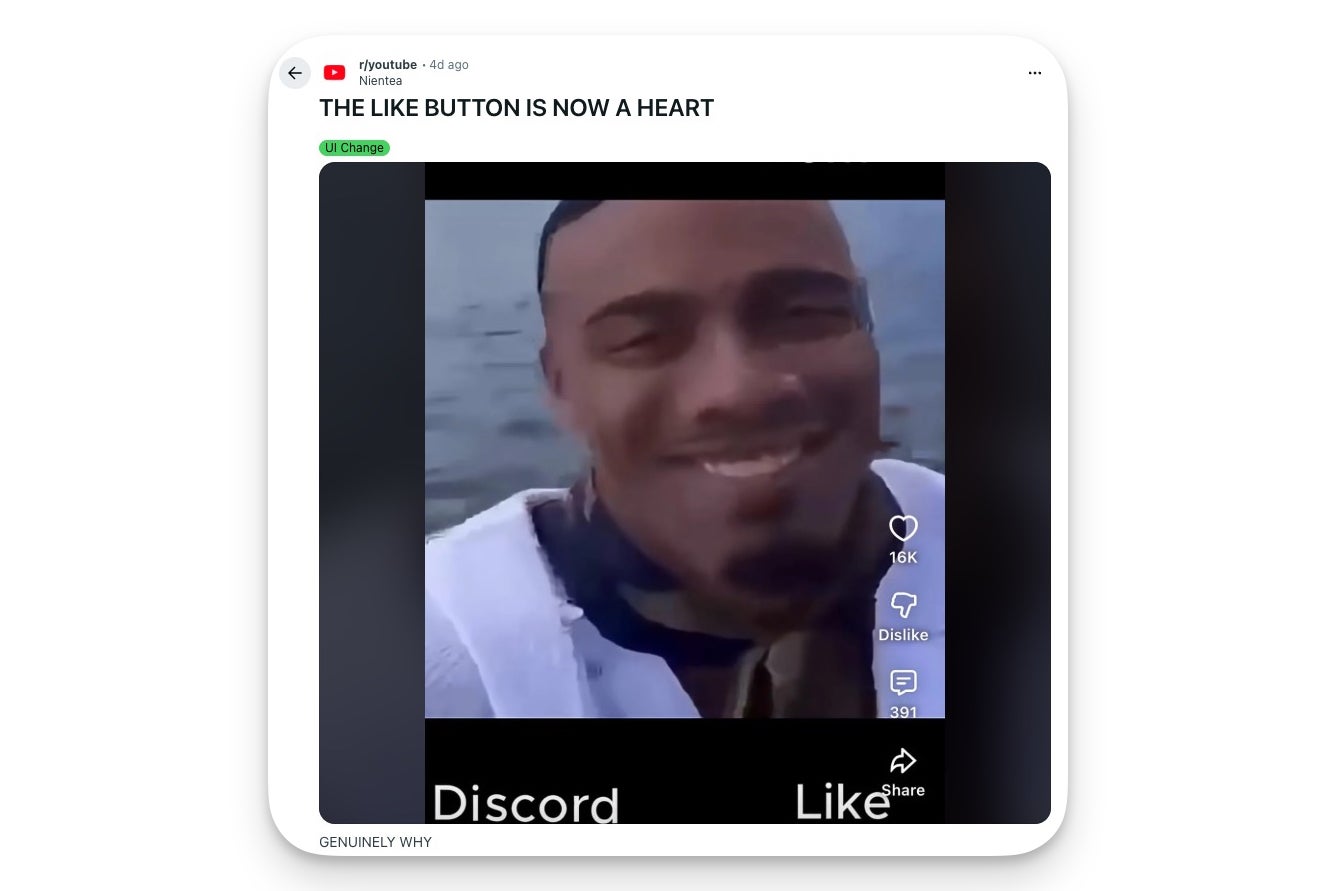 Reddit post on r/youtube by user Nientea showing a YouTube Shorts video where the like button appears as a heart icon with 16K likes, directly above a standard dislike button.