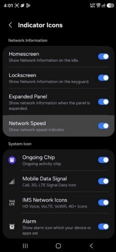 Screenshot shows how Galaxy devices with One UI 9.0 can add a network speed meter to the status bar on their phones.