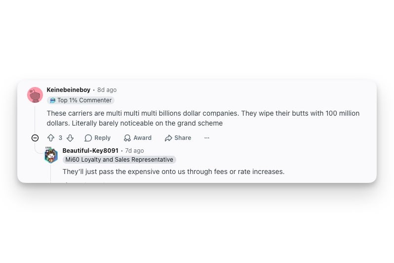 Reddit comments on r/ATT arguing the FCC fine is too small for the carriers to notice and will be passed back to customers