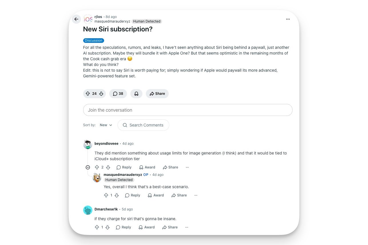 Screenshot of a Reddit post in r slash ios titled New Siri subscription, asking whether Apple will put Siri behind a paywall, with replies debating an iCloud Plus bundle.