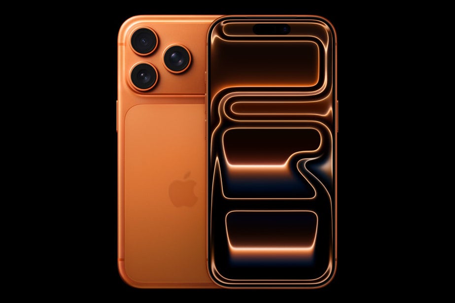 Front and back view of an iPhone 17 Pro unit in Cosmic Orange