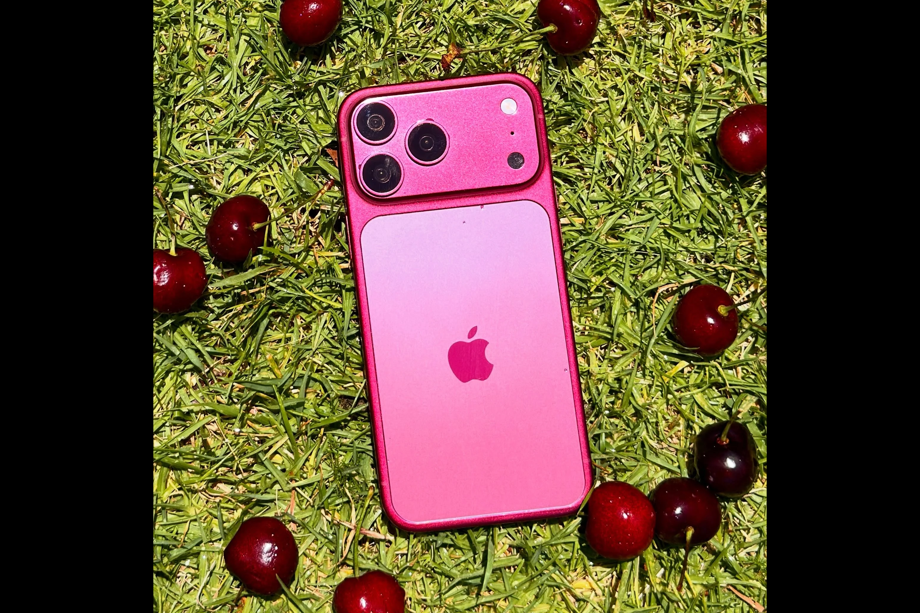 Leaked photo of the iPhone 18 Pro Max in its Dark Cherry finish, resting on grass surrounded by fresh cherries.