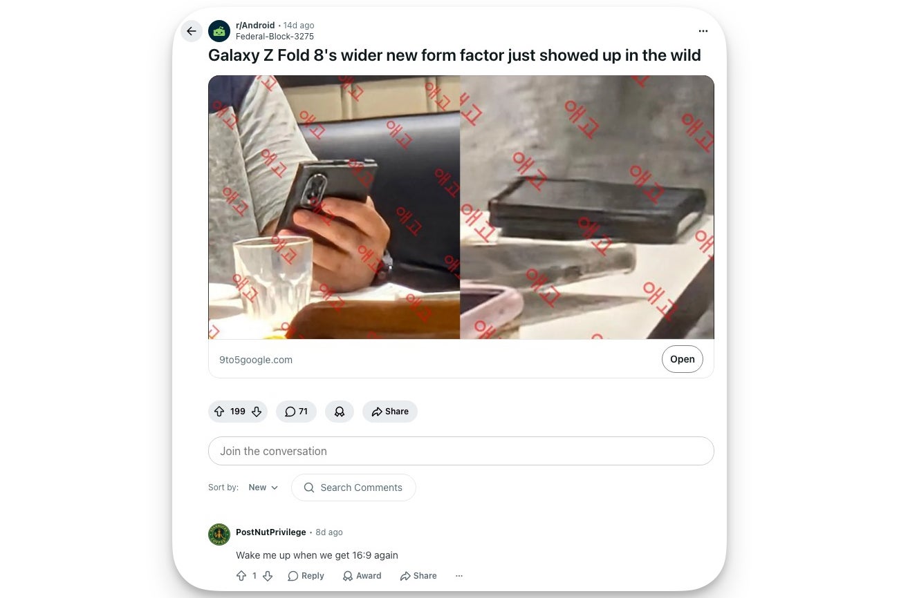 Reddit r/Android post showing a wider Galaxy Z Fold 8 used in public, with a top comment reading wake me up when we get 16:9 again