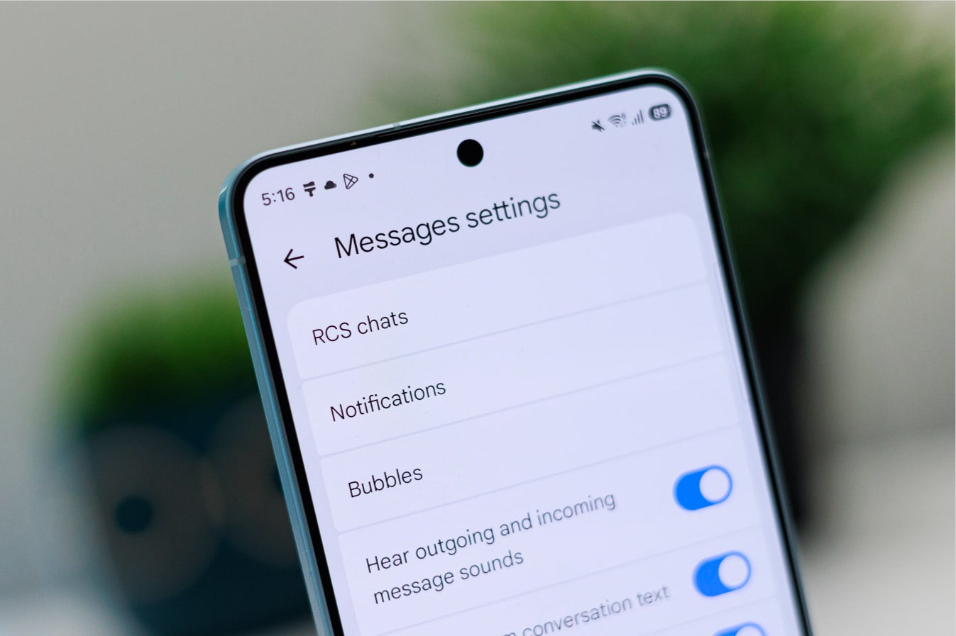 Google Messages settings screen showing RCS chats, Notifications, and Bubbles options on a Samsung Galaxy phone.