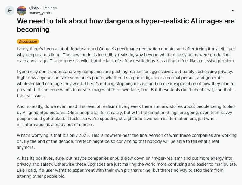 Reddit post in r/infp titled We need to talk about how dangerous hyper-realistic AI images are becoming.