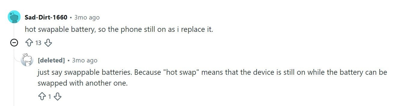 Comment about swappable battery on Reddit.